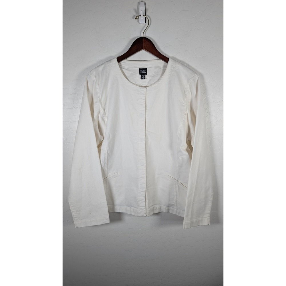 Eileen Fisher Jacket Womens XL White Collarless Cotton Twill Open Front Stretch